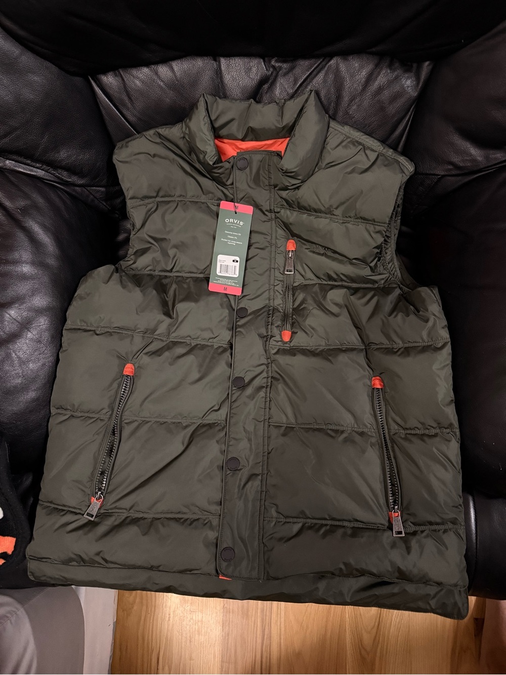 Orvis Men's Olive Green Quilted Vest with Orange Accents